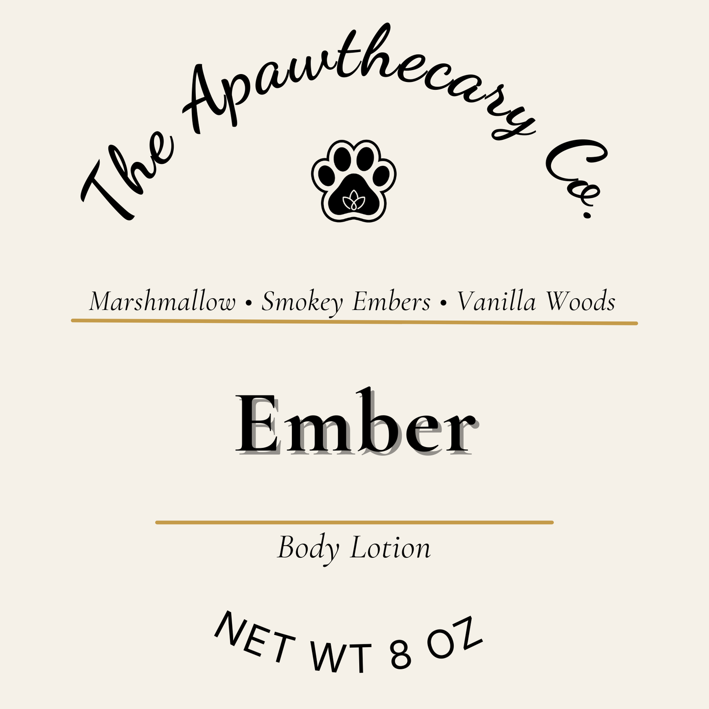 Label for 'Ember' body lotion from The Apawthecary Co. with product details.