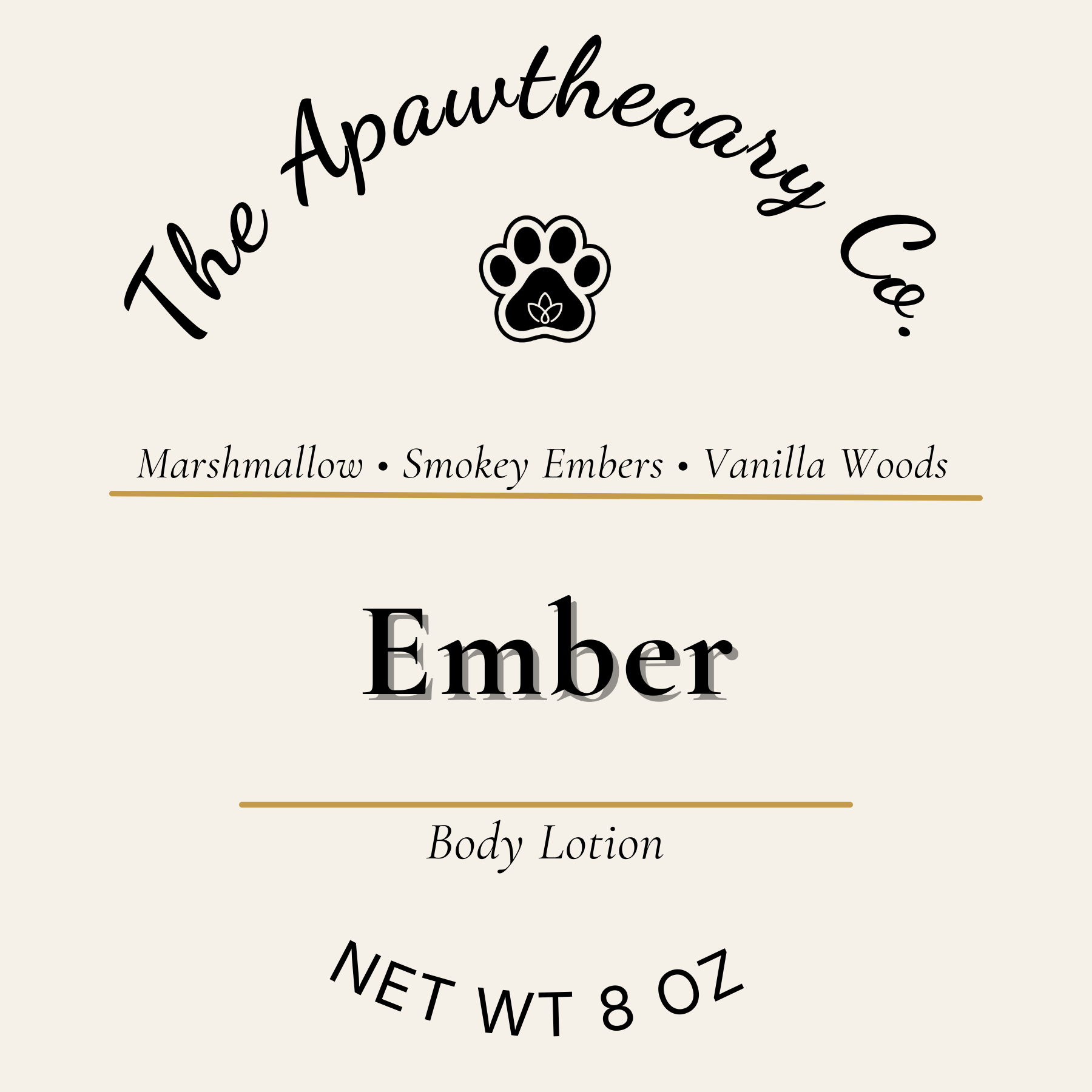 Label for 'Ember' body lotion from The Apawthecary Co. with product details.