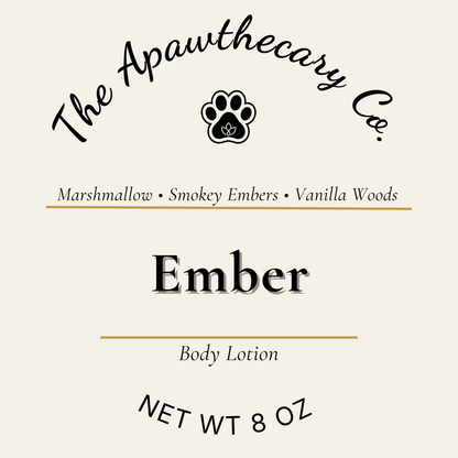 Label for 'Ember' body lotion from The Apawthecary Co. with product details.