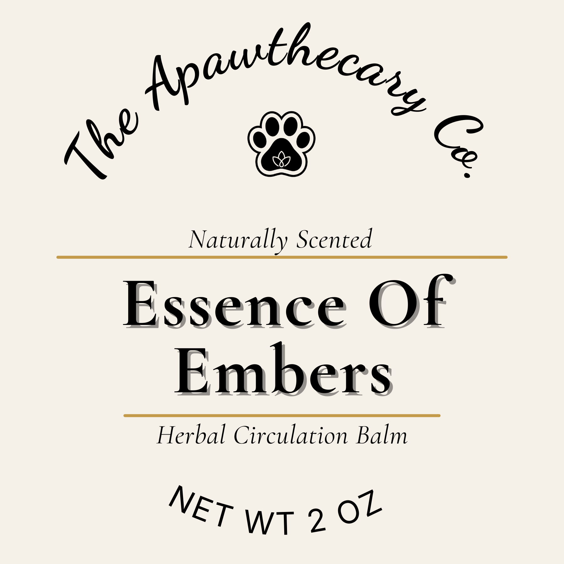 Label for 'Essence Of Embers' herbal circulation balm by The Apawthecary Co.