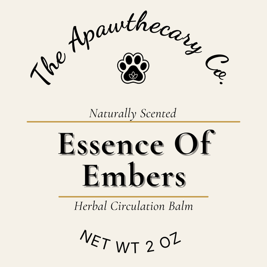 Label for 'Essence Of Embers' herbal circulation balm by The Apawthecary Co.