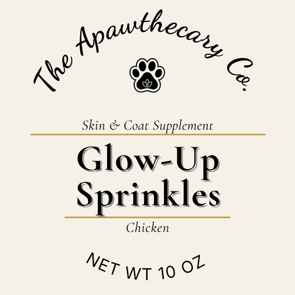 Label for 'Glow-Up Sprinkles' skin and coat supplement by The Apawthecary Co. on a beige background.