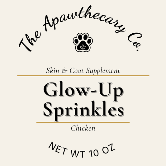 Label for 'Glow-Up Sprinkles' skin and coat supplement by The Apawthecary Co. on a beige background.