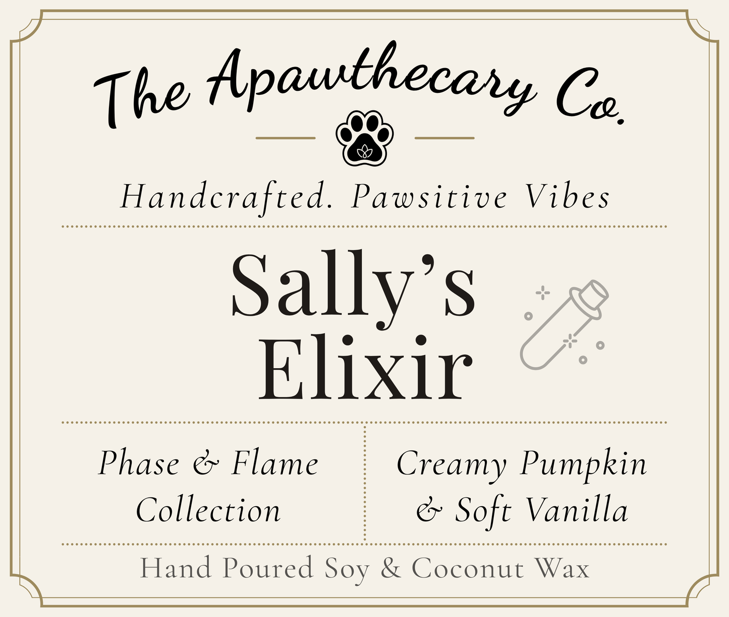 Product label for 'Sally's Elixir' from The Apawthecary Co. with branding and product details.