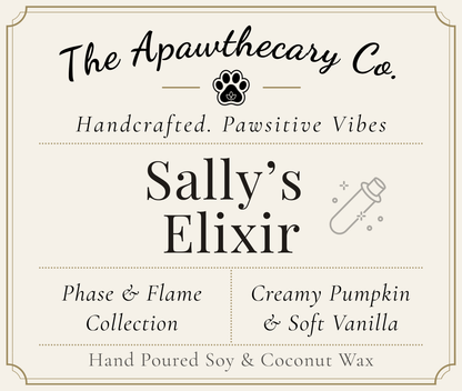 Product label for 'Sally's Elixir' from The Apawthecary Co. with branding and product details.