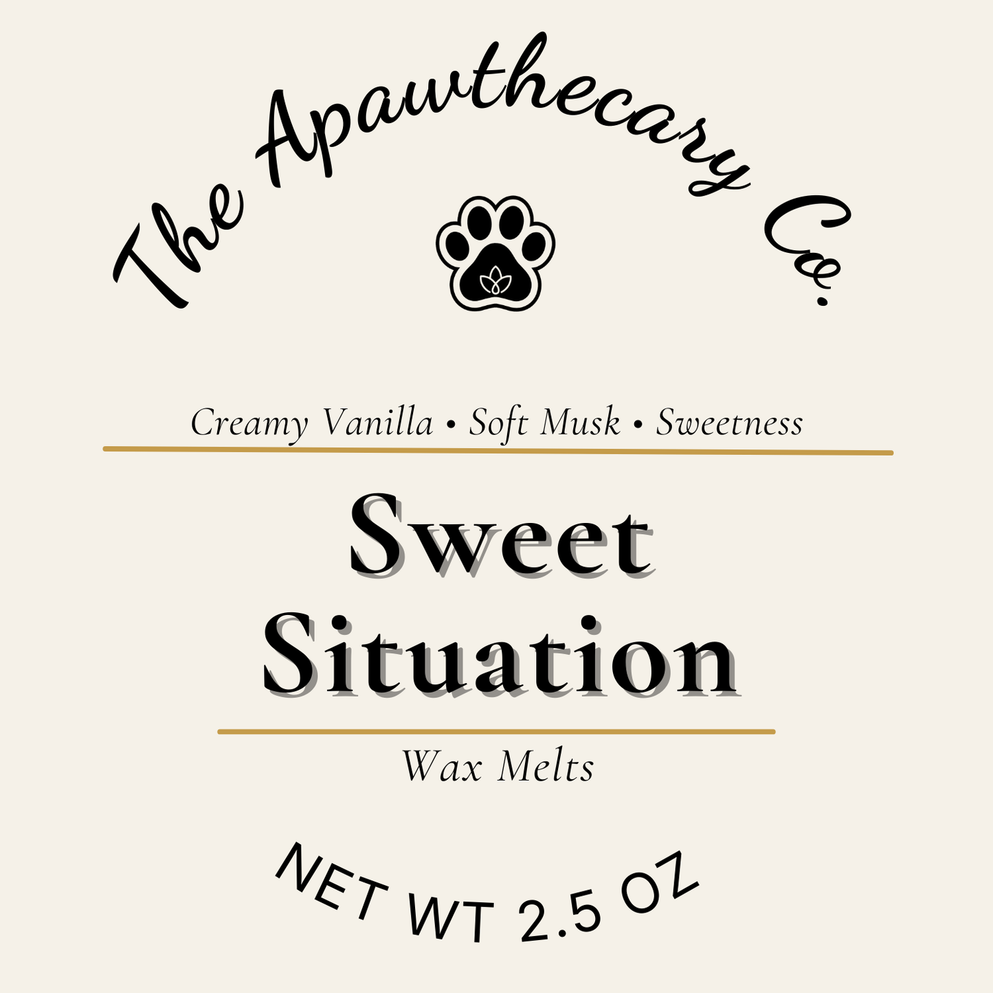 Label for 'Sweet Situation' wax melts by The Apawthecary Co. with product details.