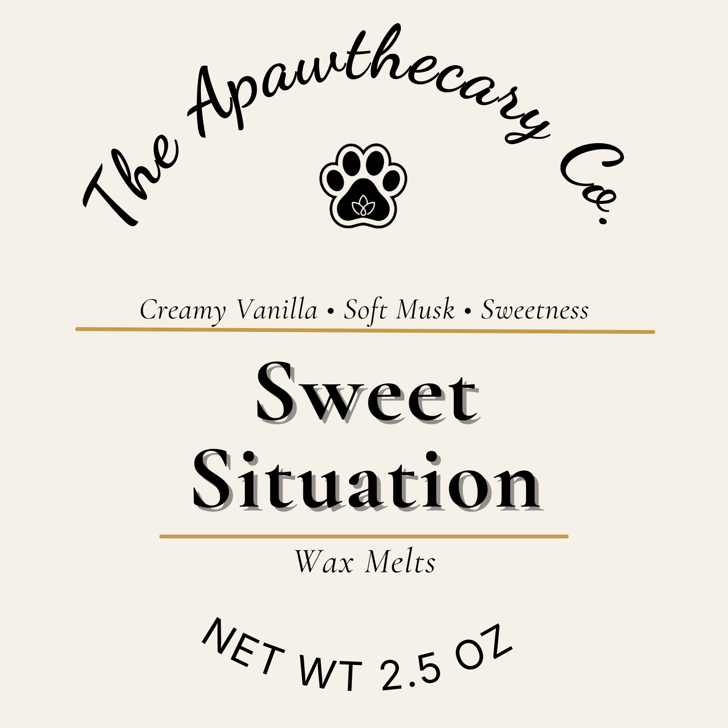 Label for 'Sweet Situation' wax melts by The Apawthecary Co. with product details.