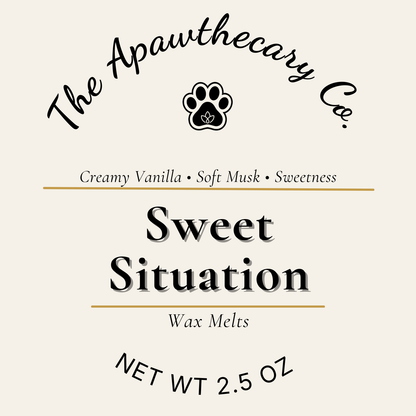 Label for 'Sweet Situation' wax melts by The Apawthecary Co. with product details.
