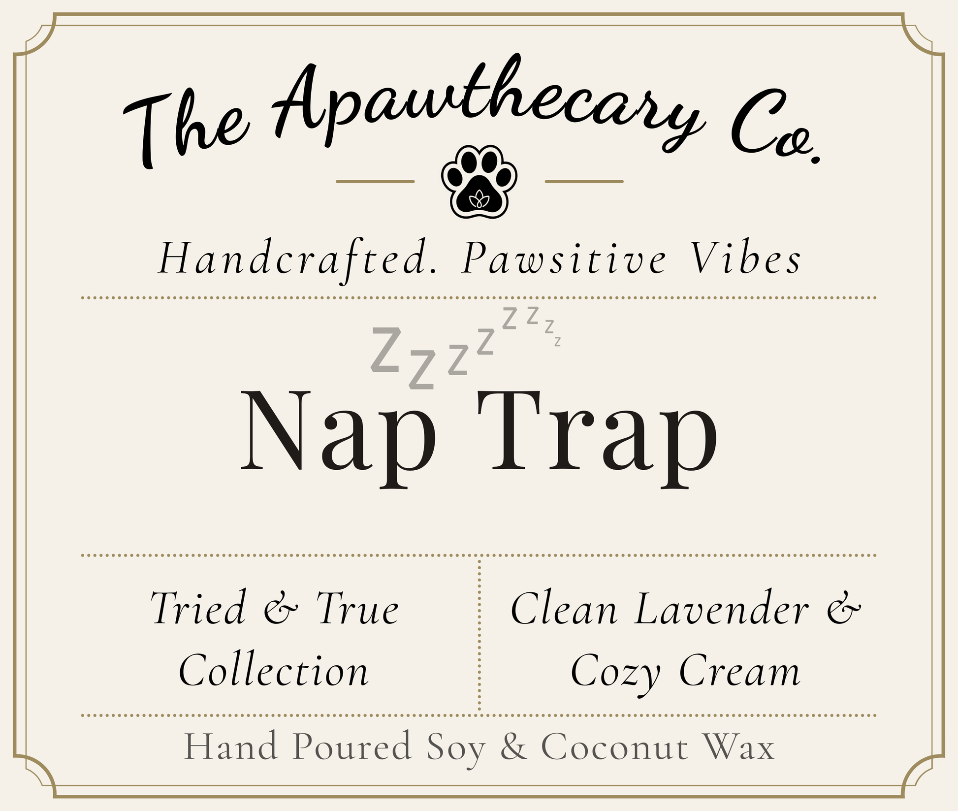 Product label for 'Nap Trap' from The Apawthecary Co. with branding and product details.