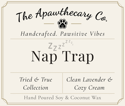 Product label for 'Nap Trap' from The Apawthecary Co. with branding and product details.