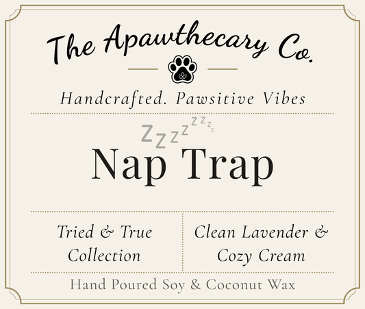 Product label for 'Nap Trap' from The Apawthecary Co. with branding and product details.