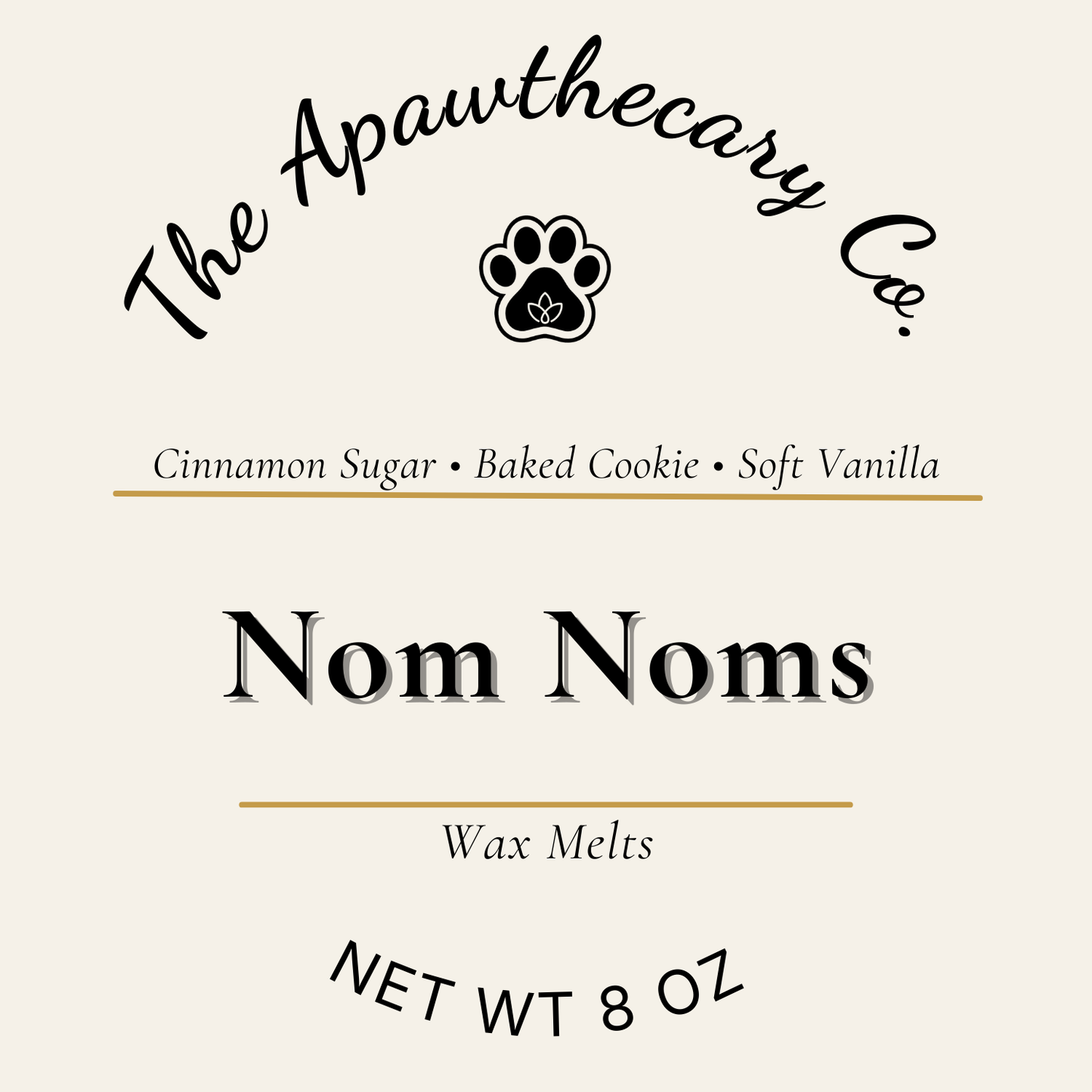 Label for 'Nom Noms' wax melts by The Apawthecary Co. with scents cinnamon sugar, baked cookie, and soft vanilla.
