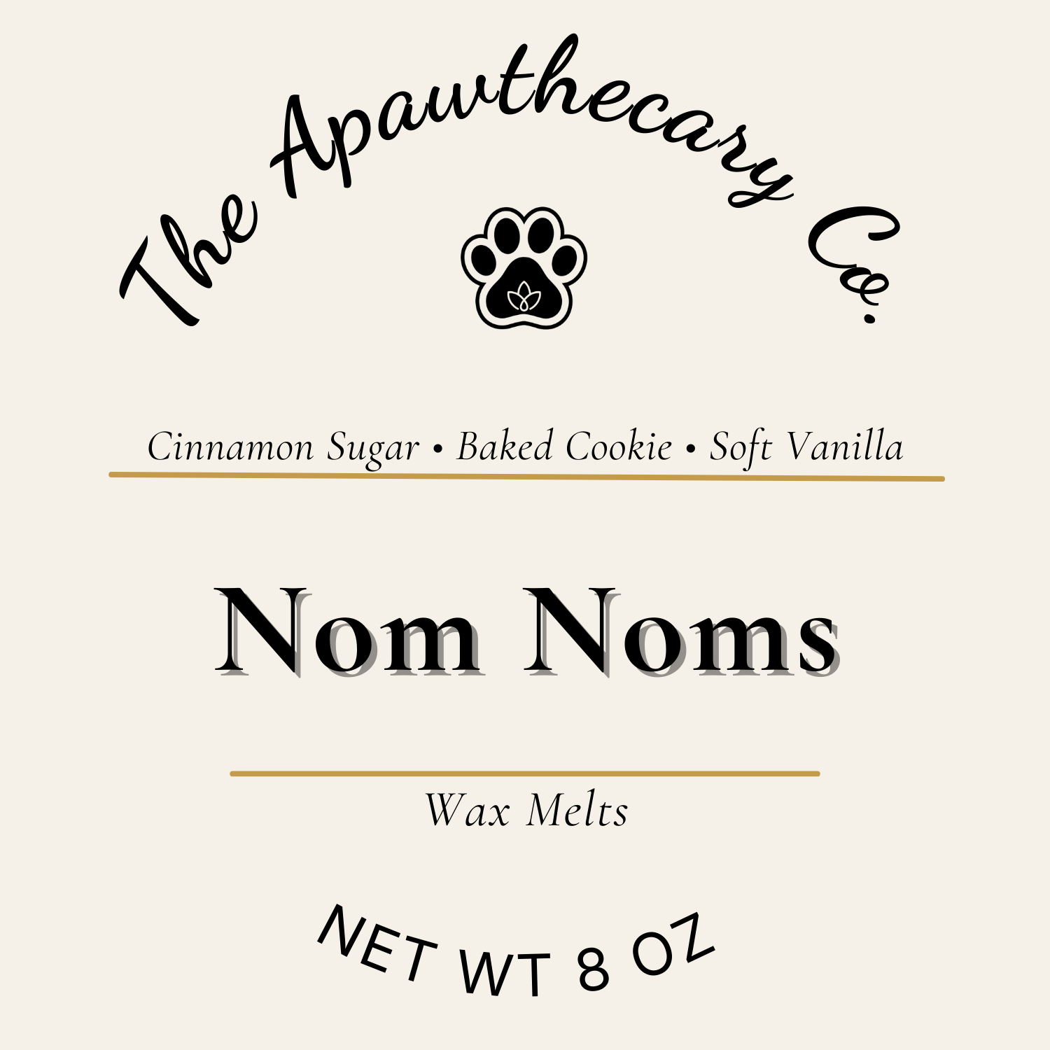 Label for 'Nom Noms' wax melts by The Apawthecary Co. with scents cinnamon sugar, baked cookie, and soft vanilla.