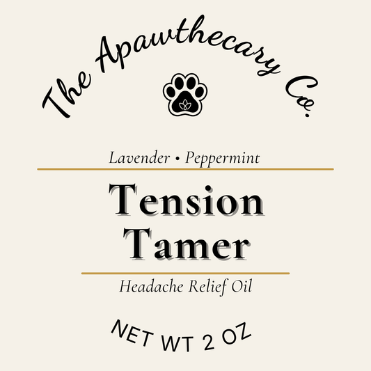 Label for 'Tension Tamer' headache relief oil from The Apawthecary Co. with lavender and peppermint scents.
