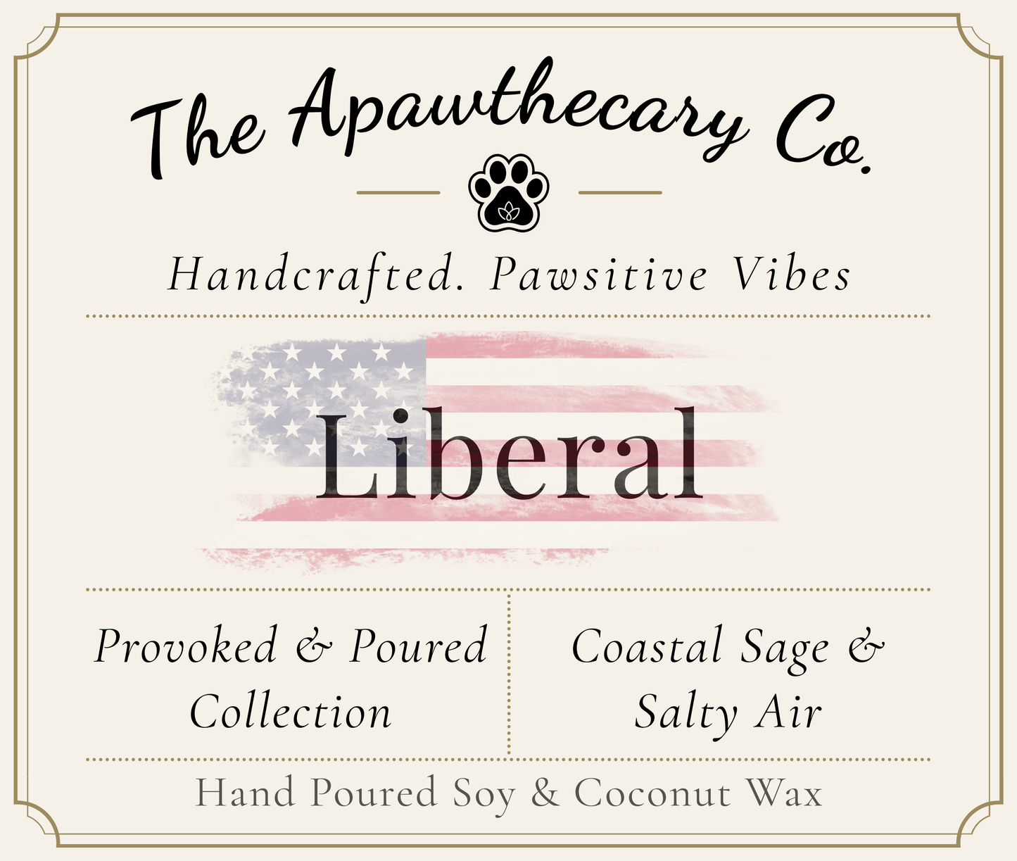 Product label for 'Liberal' from The Apawthecary Co. with branding and product details.