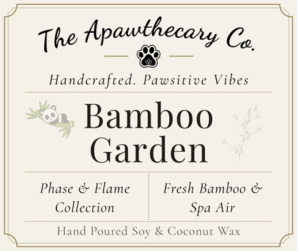 Product label for 'Bamboo Garden' from The Apawthecary Co. with branding and product details.