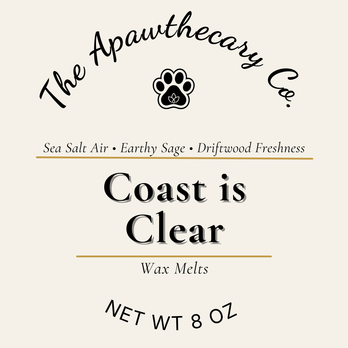 Label for 'Coast is Clear' wax melts by The Apawthecary Co. with product details.