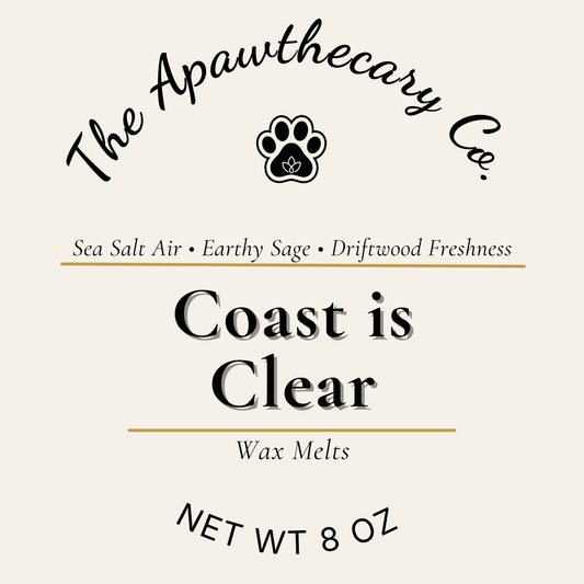 Label for 'Coast is Clear' wax melts by The Apawthecary Co. with product details.