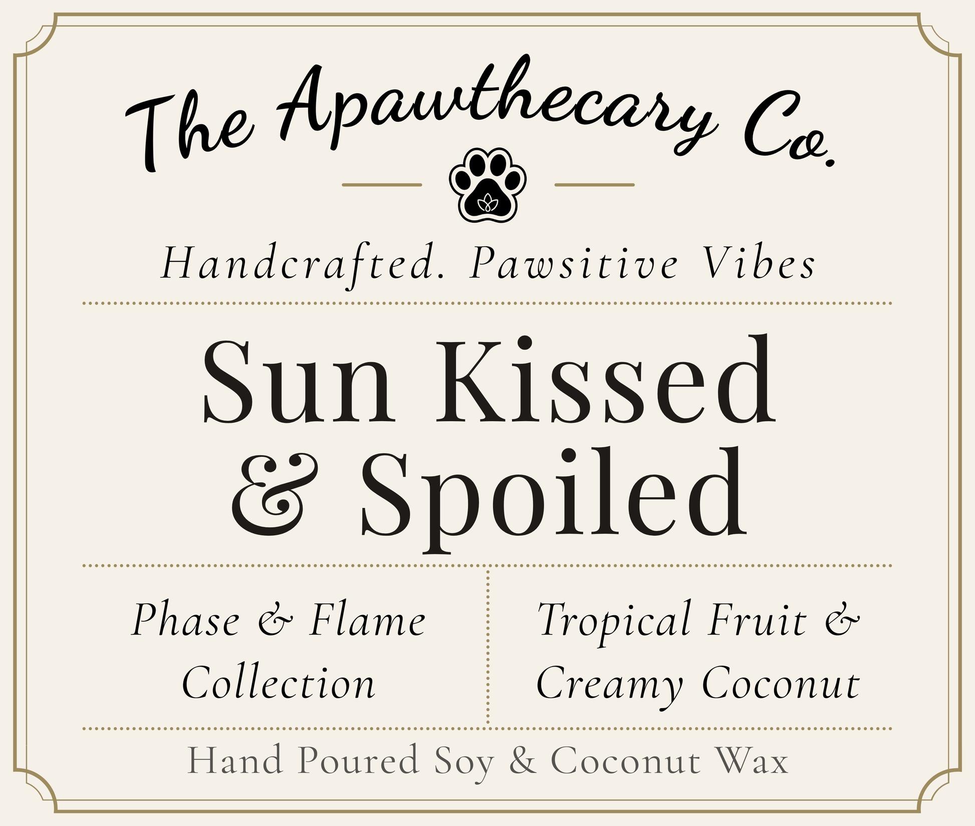 Product label for 'Sun Kissed & Spoiled' candle from The Apawthecary Co.