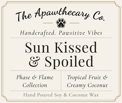 Product label for 'Sun Kissed & Spoiled' candle from The Apawthecary Co.