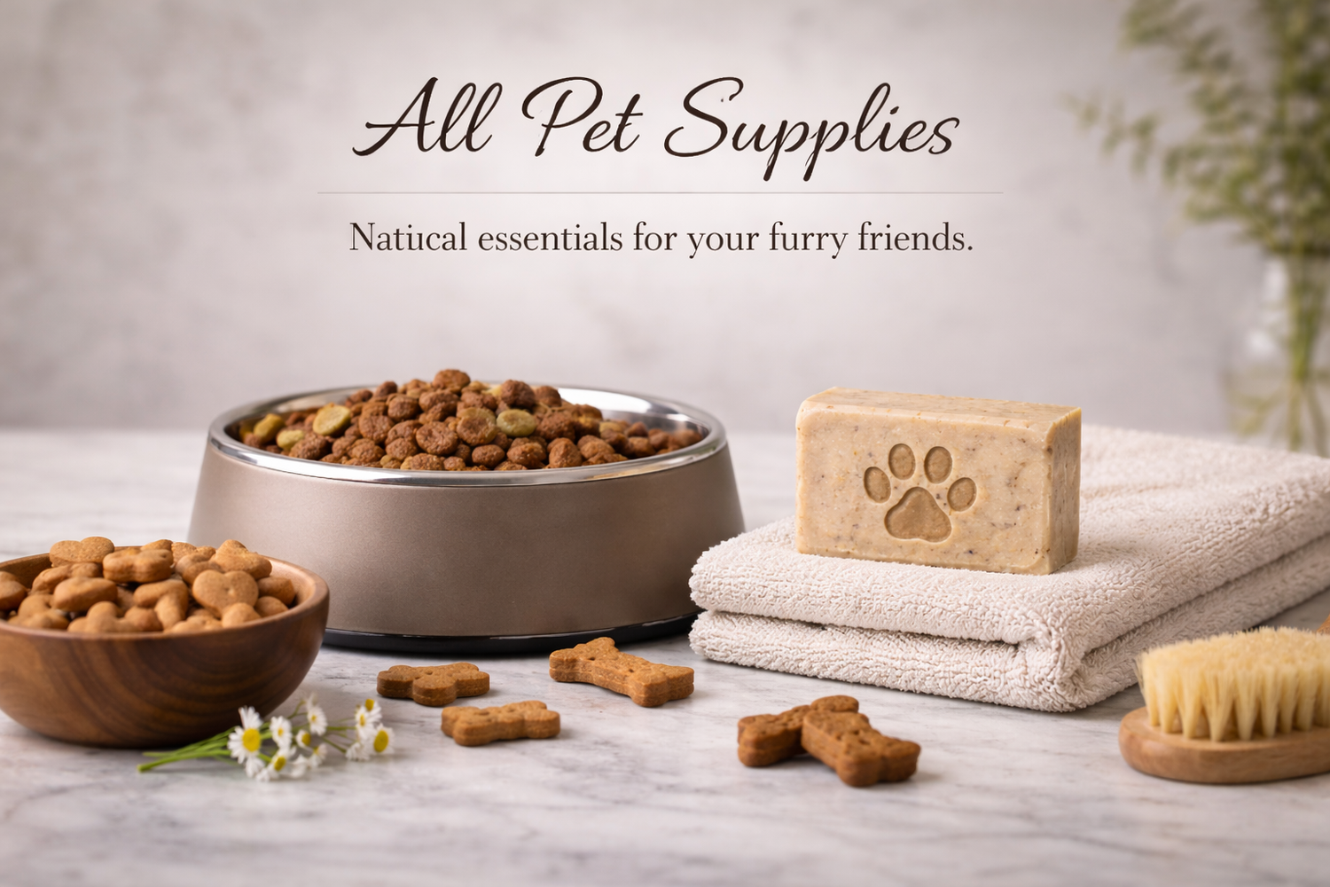 Pet supplies including a bowl of food, treats, a bar of soap with a paw print, and a towel on a light surface.