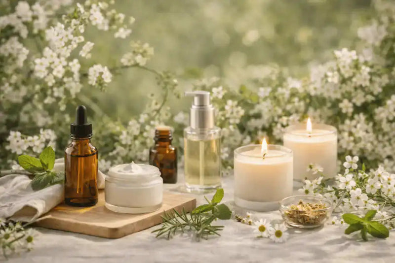 Aromatherapy products including candles, oils, and a jar on a wooden board with a natural background of flowers and plants.