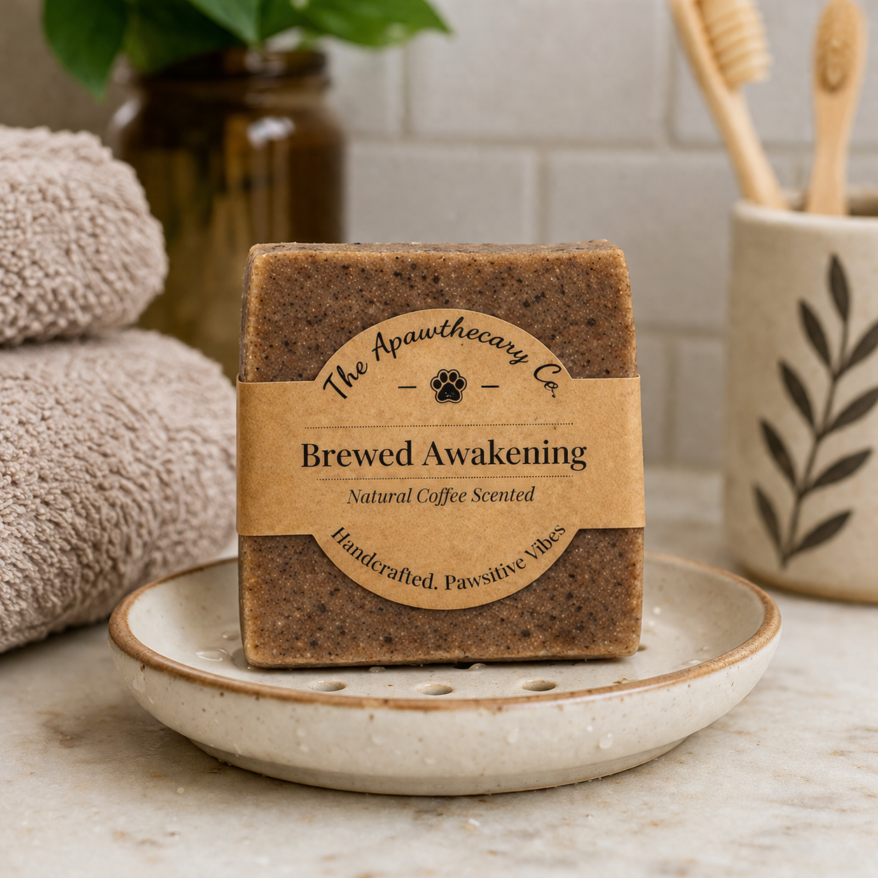 Brewed Awakening - Luxury Cold Process Soap - Natural Coffee displayed on a plate with towels in the background.
