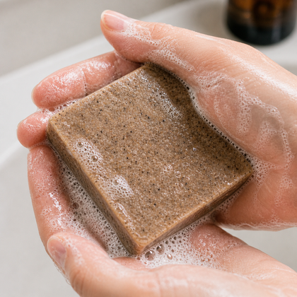 Brewed Awakening - Luxury Cold Process Soap - Natural Coffee in hands with foamy lather.