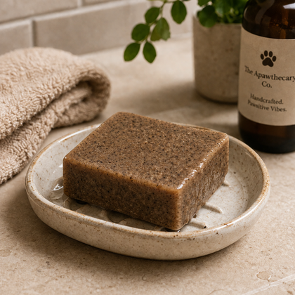 Brewed Awakening - Luxury Cold Process Soap - Natural Coffee on a ceramic dish with a towel and bottle in the background.