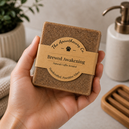 Hand holding Brewed Awakening - Luxury Cold Process Soap - Natural Coffee in a stylish setting.