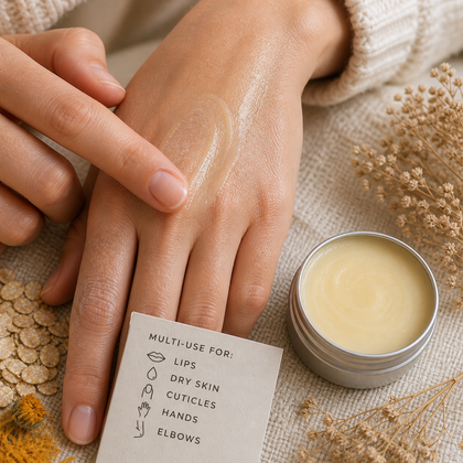 Hand applying cream to another hand with a jar of cream and a label in the foreground.