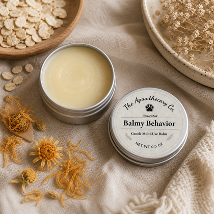 Balmy Behavior balm with ingredients on a textured surface