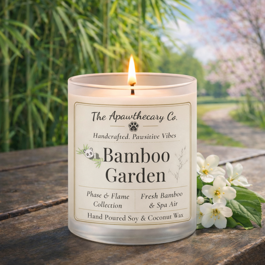 Candle labeled 'Bamboo Garden' from The Apawthecary Co. on a wooden surface with a natural background.