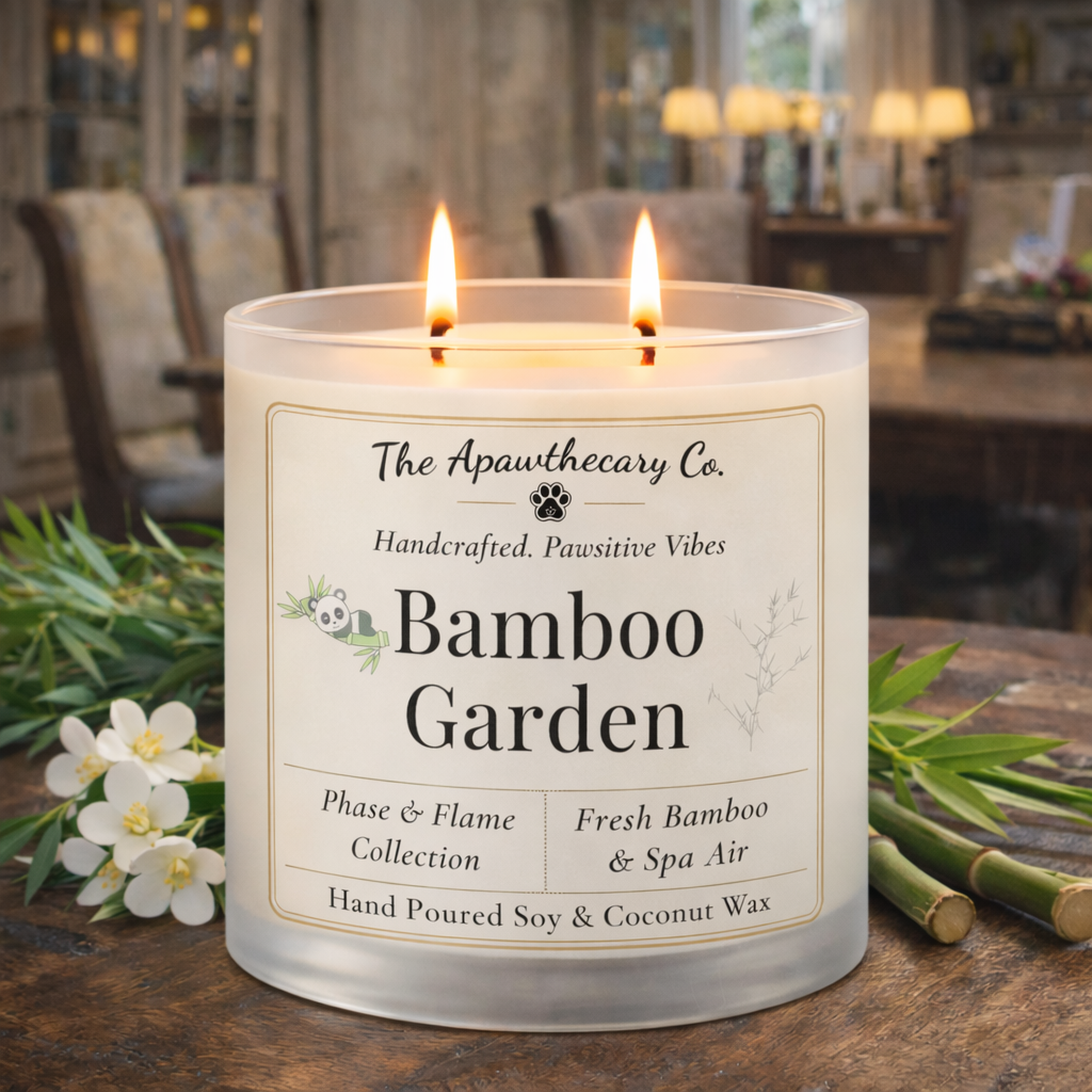 Candle labeled 'Bamboo Garden' from The Apawthecary Co. on a wooden surface with bamboo and flowers.