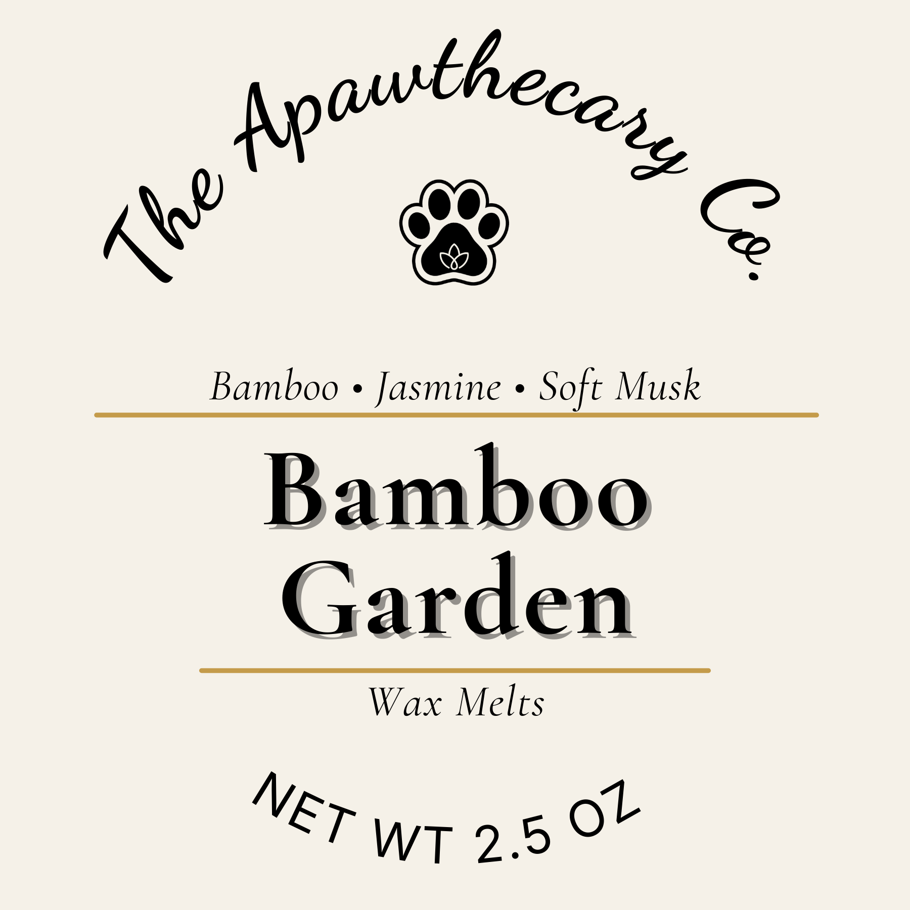 Label for 'Bamboo Garden' wax melts by The Apawthecary Co. with a paw print logo.