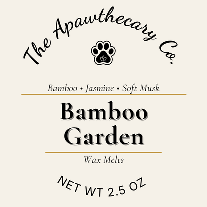 Label for 'Bamboo Garden' wax melts by The Apawthecary Co. with a paw print logo.