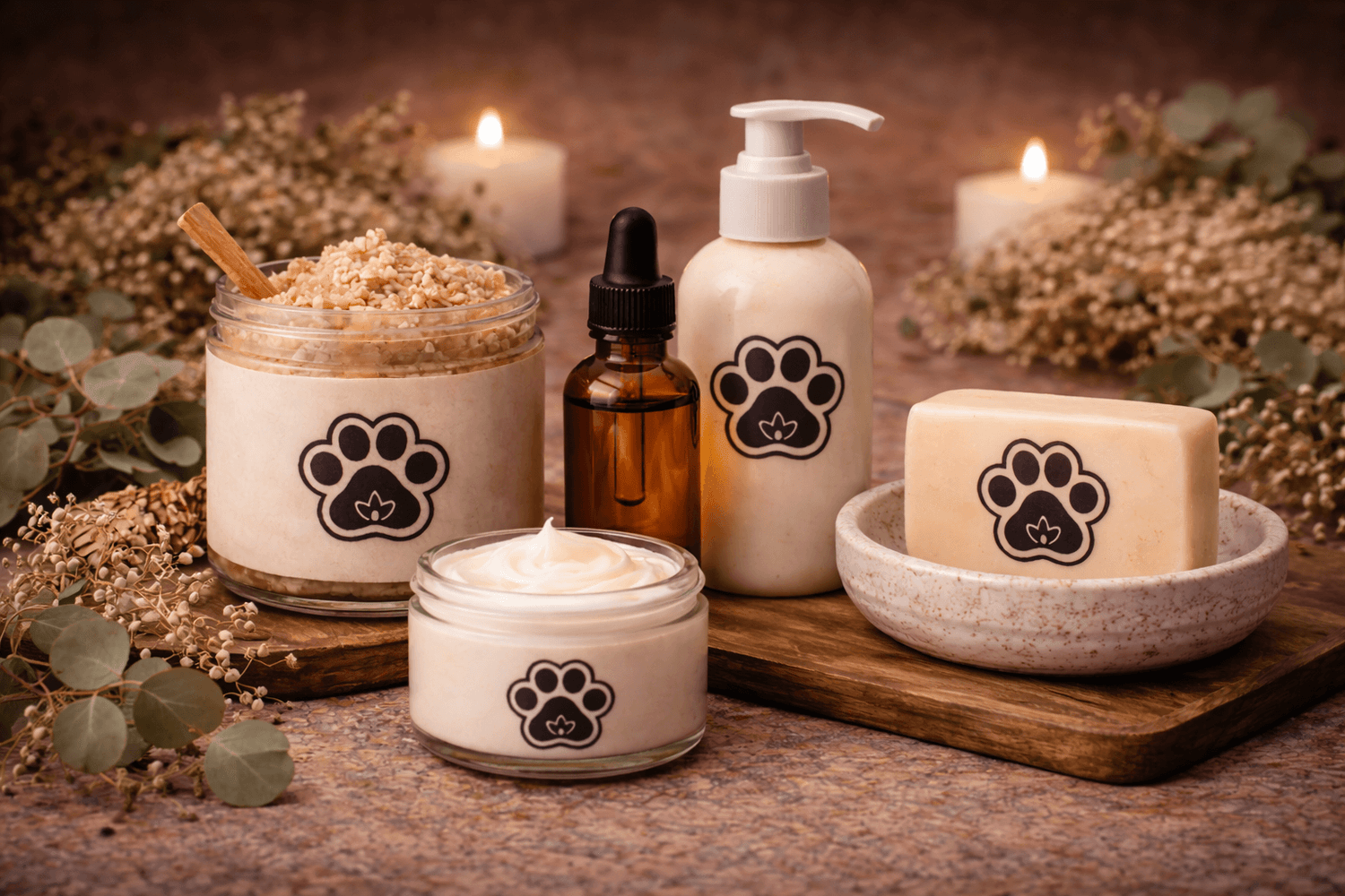 Set of pet care products including jars, bottles, and a candle with paw print designs on a wooden surface.
