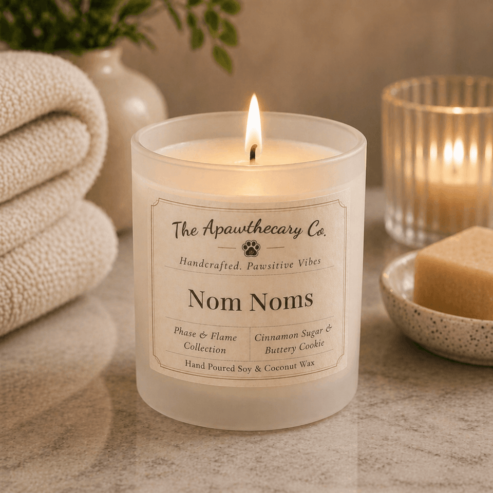 Candle labeled 'Nom Noms' from The Apothecary Co. on a surface with a blurred background