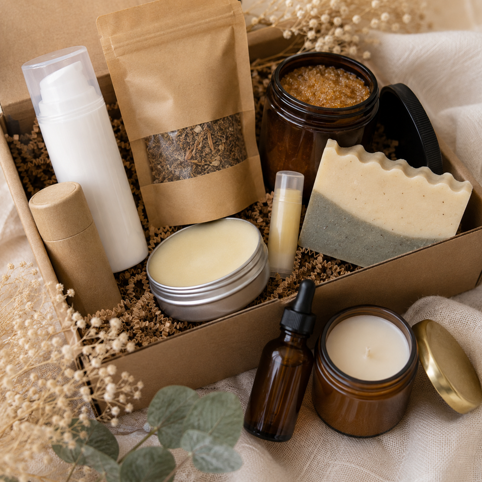 A curated skincare gift set arranged in a kraft box with decorative dried flowers and greenery. The set includes a white pump bottle, a brown stand-up pouch with a clear window showing loose botanicals, an amber bath bomb jar, a layered soap bar, a silver tin of cream, a lip balm tube, a dropper bottle, and a candle jar with a gold lid.
