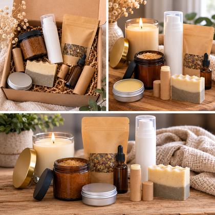 A three-panel collage showing a curated natural skincare and candle gift set arranged on a wooden surface. The set includes handmade soap bars in cream and gray layers, amber and clear bottles with droppers, metal tin containers, a white pump bottle, and a lit candle in a clear glass jar.