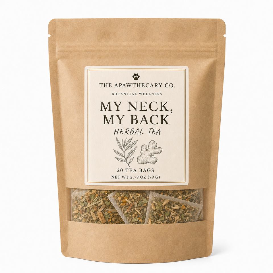 A stand-up kraft paper pouch of The Apawthecary Co. Herbal Tea, labeled 'My Neck, My Back'.