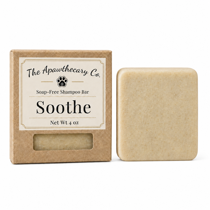 Soothe soap-free shampoo bar beside its kraft box on a white background.