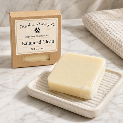 A soap-free shampoo bar in a square pale cream bar, displayed on a textured ceramic dish next to its kraft paper packaging box labeled 'The Apawthecary Co. Balanced Clean'.