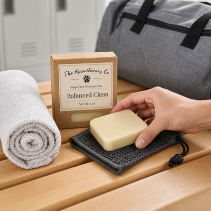 Hand placing the Balanced Clean shampoo bar on a black mesh pouch beside its kraft box and a rolled towel.