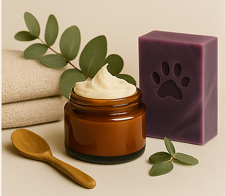 Jar of cream, wooden spoon, and purple soap with paw print on a beige surface with green leaves.