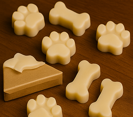 Dog treat molds in bone, paw, and cake shapes on a wooden surface