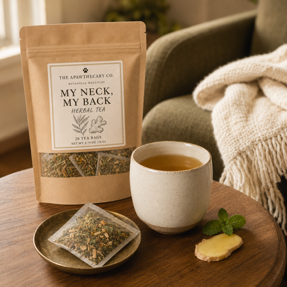 A kraft paper pouch of herbal tea labeled 'My Neck, My Back' by The Apiary Treacy Co. stands on a wooden table beside a ceramic cup of tea, a small tea bag packet on a plate, ginger, and mint, with a cozy armchair and throw blanket in the background.