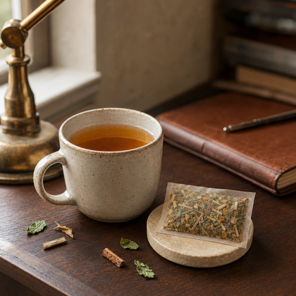 A ceramic mug filled with tea sits on a wooden table beside a small packet of loose herbal tea on a coaster, with scattered tea leaves and cinnamon pieces nearby. A brown leather-bound book and a brass lamp are softly blurred in the background.