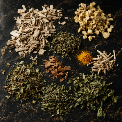 Nine different loose dried herbs and spices, including turmeric powder, arranged in small piles on a dark textured background.