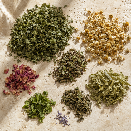 A flat-lay arrangement of various dried and fresh botanical ingredients, including green herbs, yellow chamomile flowers, pink rose petals, and purple lavender sprigs, displayed on a textured beige stone surface.